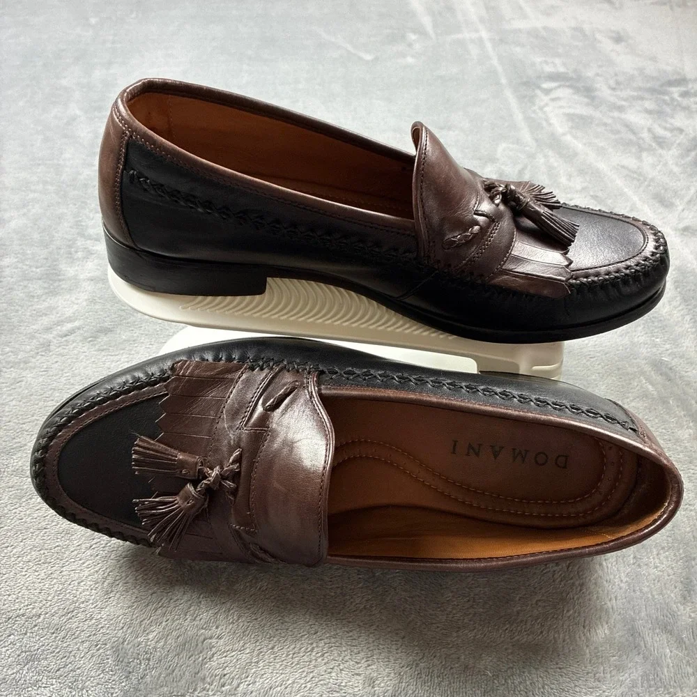 Domani Mens 11M Two Tone Brown Black Leather Tassel Kiltie Loafers India Preppy